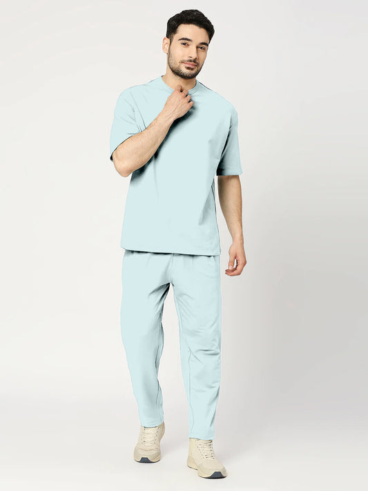 Solid Sky blue Round Neck Half Sleeves Tshirt With Pants Co-Ord Set