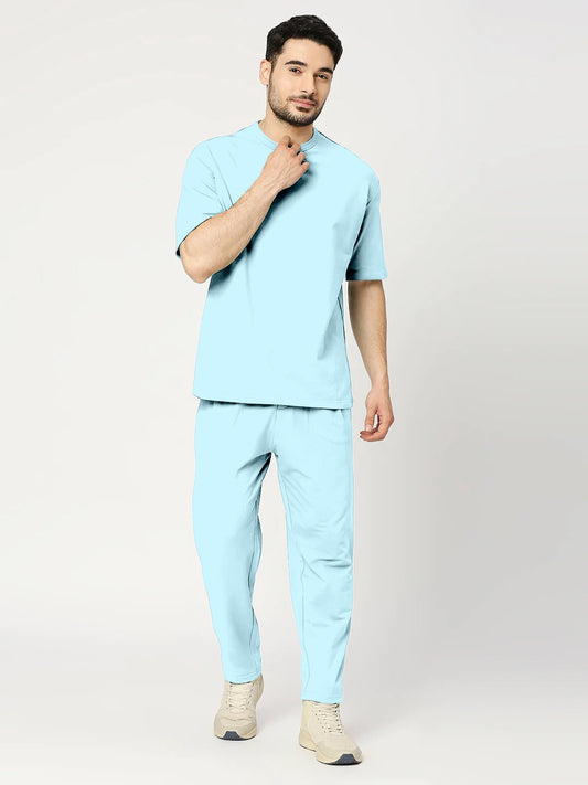 Solid Blue Round Neck Half Sleeves Tshirt With Pants Co-Ord Set
