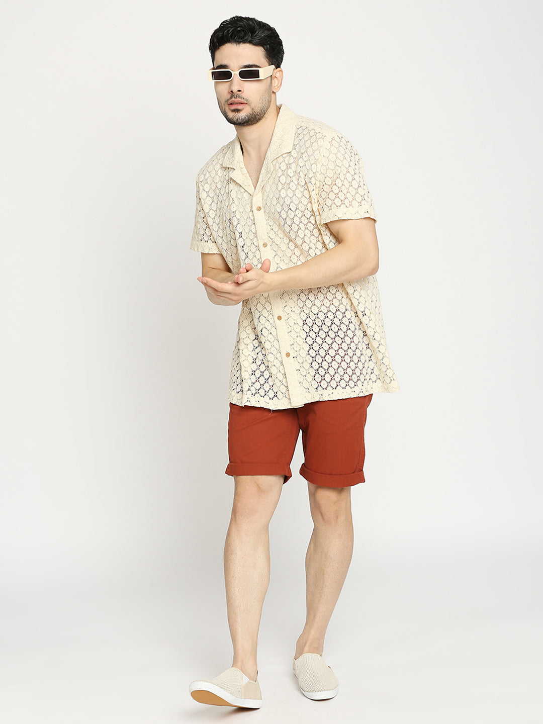 Buy Blamblack Men'S Crochet Lace Textured Oversized Fit Half Sleeves Cuban Collar Shirt
