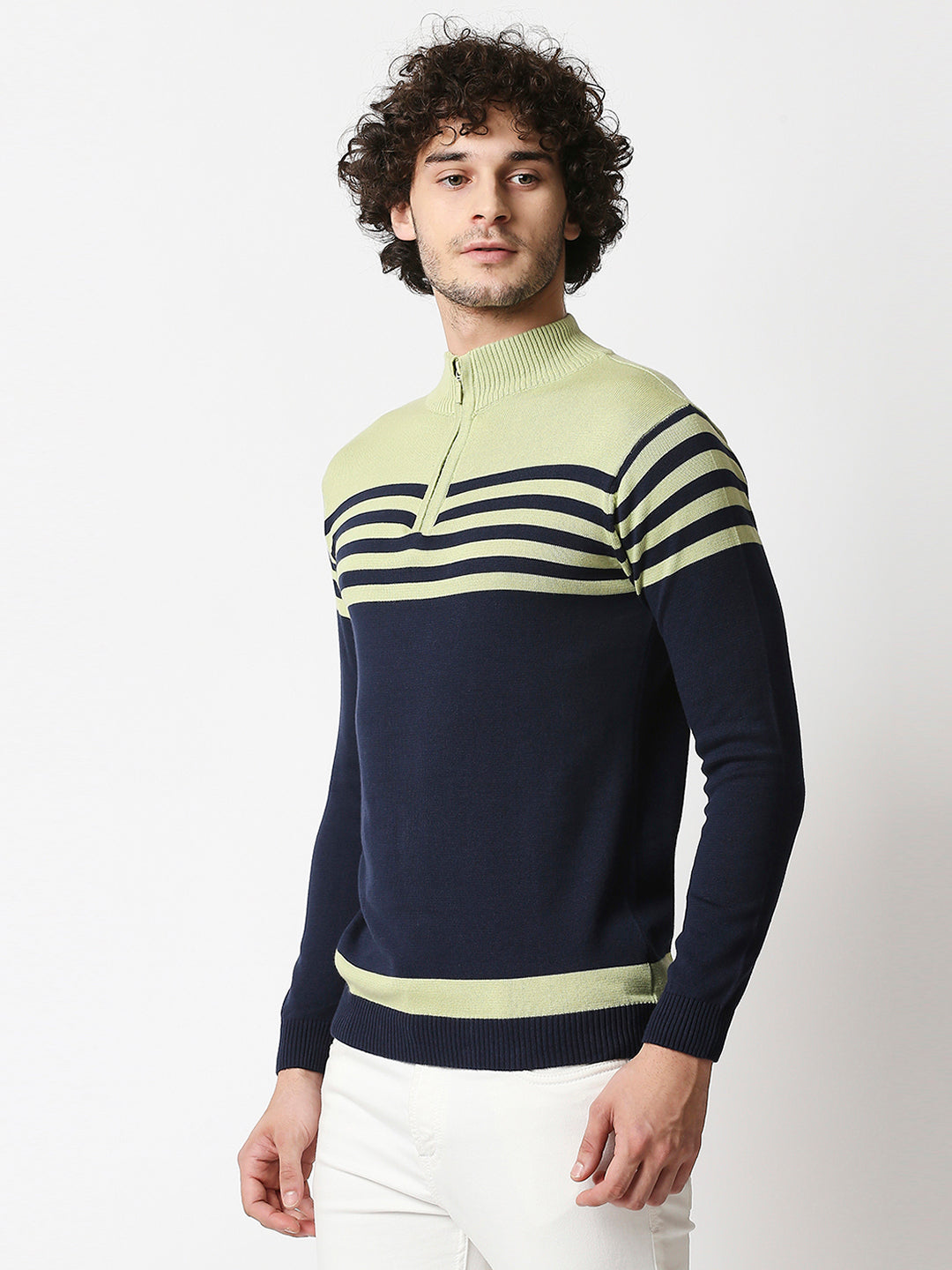 Buy Men's Green & Navy Blue Flat knit Zipper Full sleeves Slim Fit T-shirt