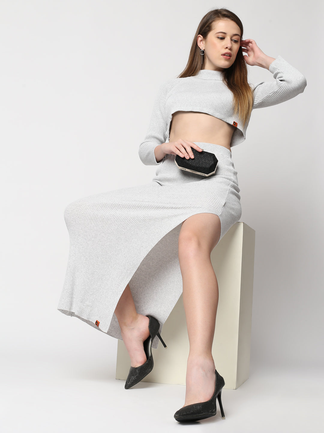 Shop Women\'s Flat Knit Skirt & top Set Grey Melange Online – BlamBlack