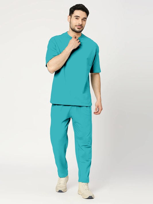 Solid Teal Round Neck Half Sleeves Tshirt With Pants Co-Ord Set