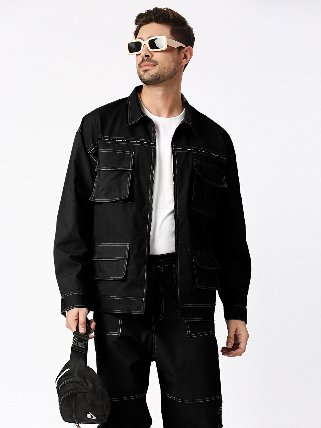 Cargo Style Jacket With Pant Black Color Co-Ord Set for men – BlamBlack