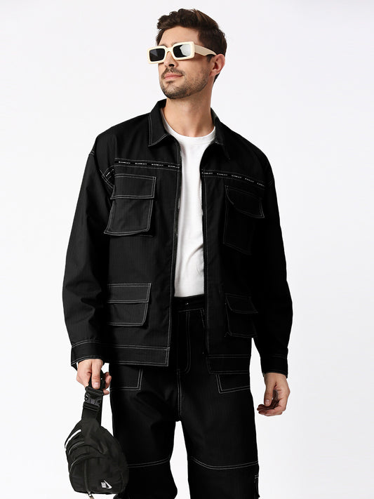 Cargo Style Jacket With Pant Black Color Co-Ord Set for men