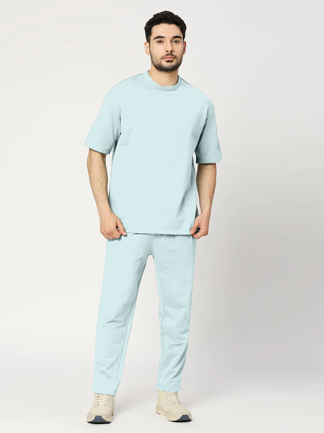 Solid Sky blue Round Neck Half Sleeves Tshirt With Pants Co-Ord Set
