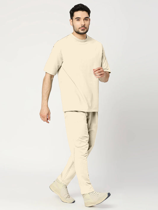 Solid Beige Round Neck Half Sleeves Tshirt With Pants Co-Ord Set