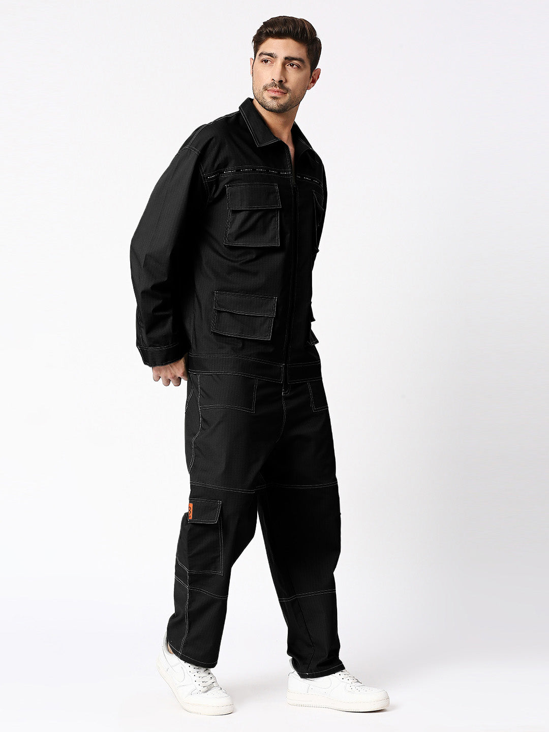 Cargo Style Jacket With Pant Black Color Co-Ord Set for men