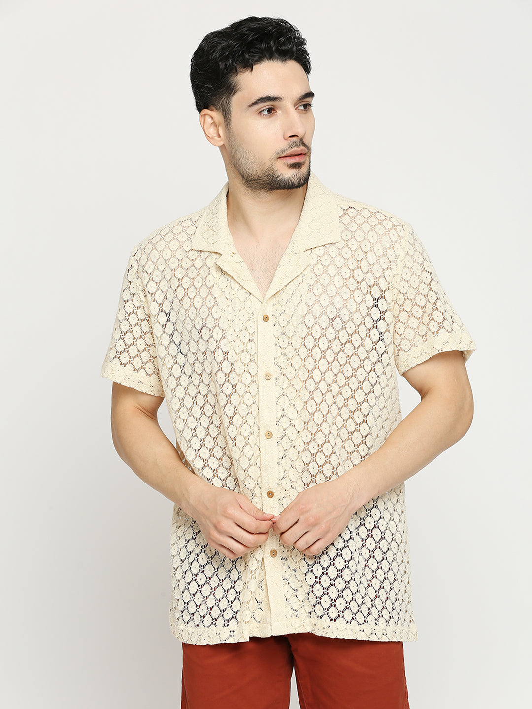 Buy Blamblack Men'S Crochet Lace Textured Oversized Fit Half Sleeves Cuban Collar Shirt