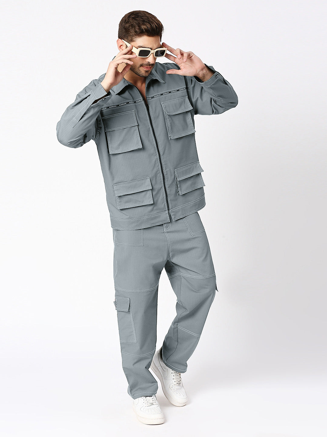 Cargo Style Jacket With Pant Grey Color Co-Ord Set