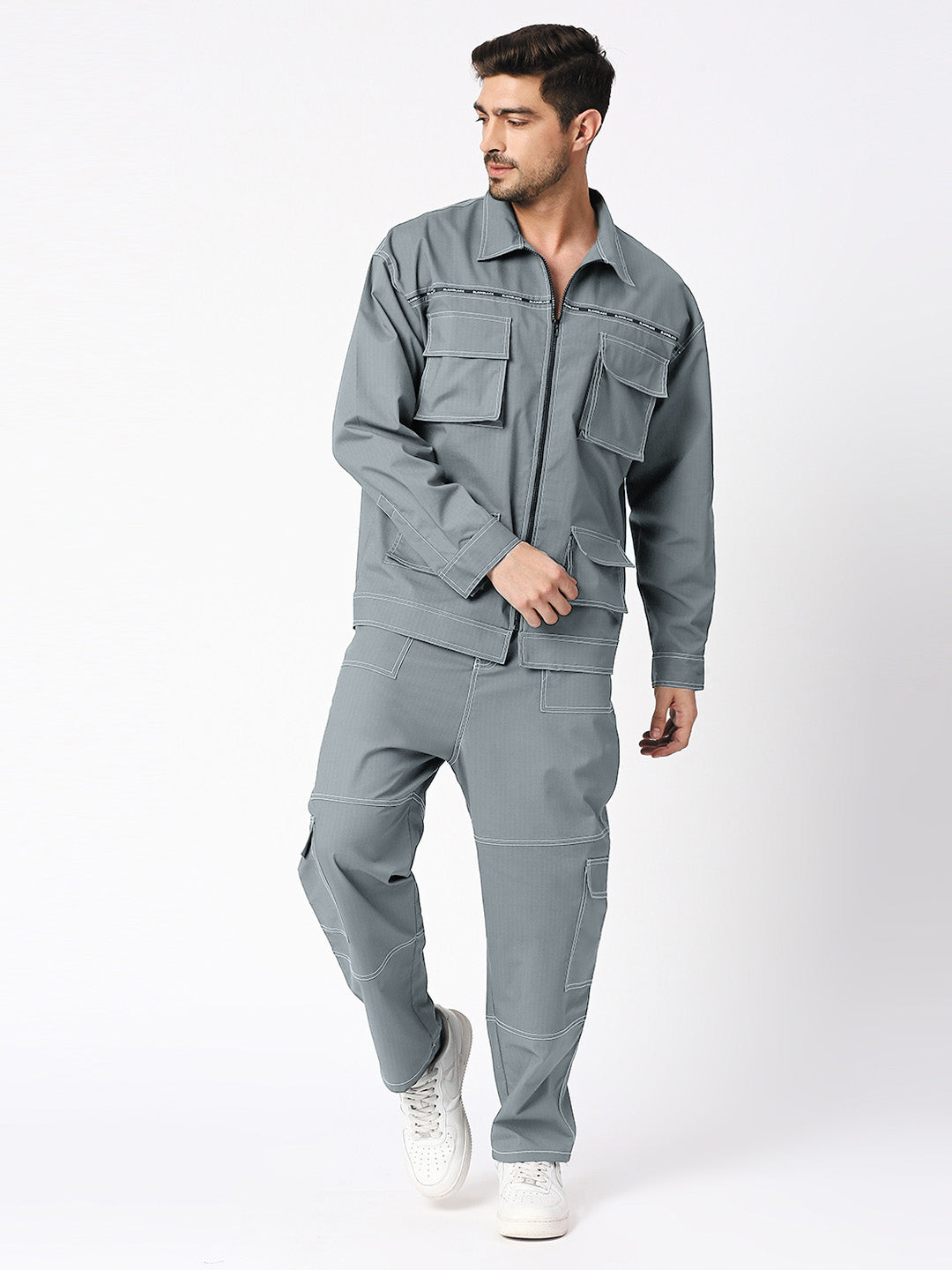 Cargo Style Jacket With Pant Grey Color Co-Ord Set