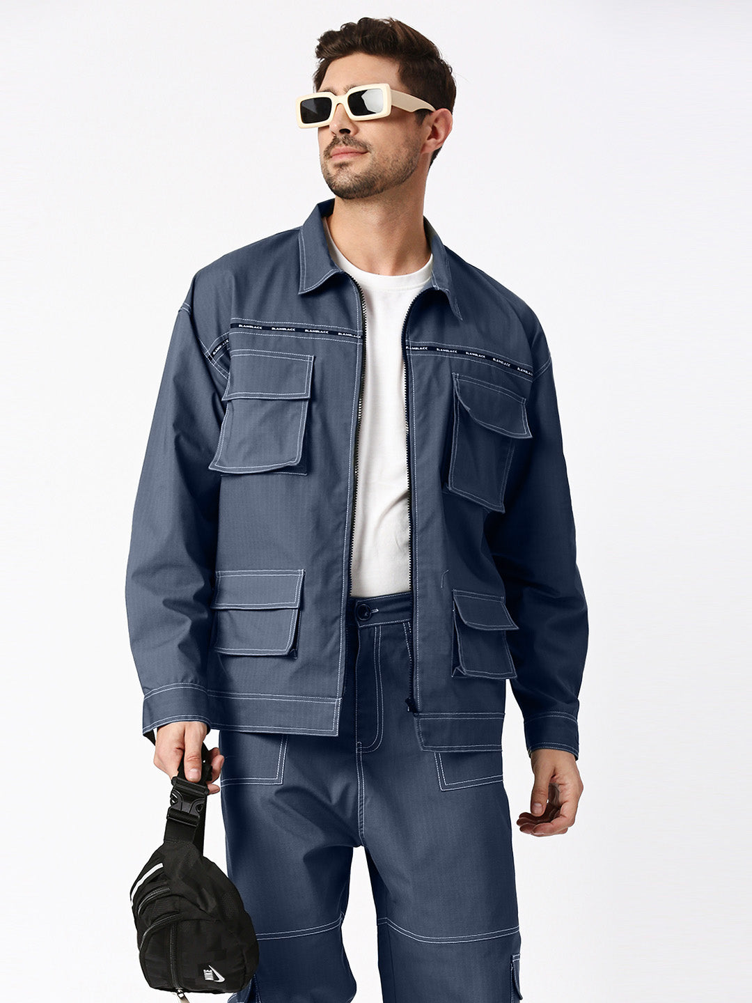 BLAMBLACK Men's Cargo Style Jacket With Pant Navy Blue Color Co-Ord Set