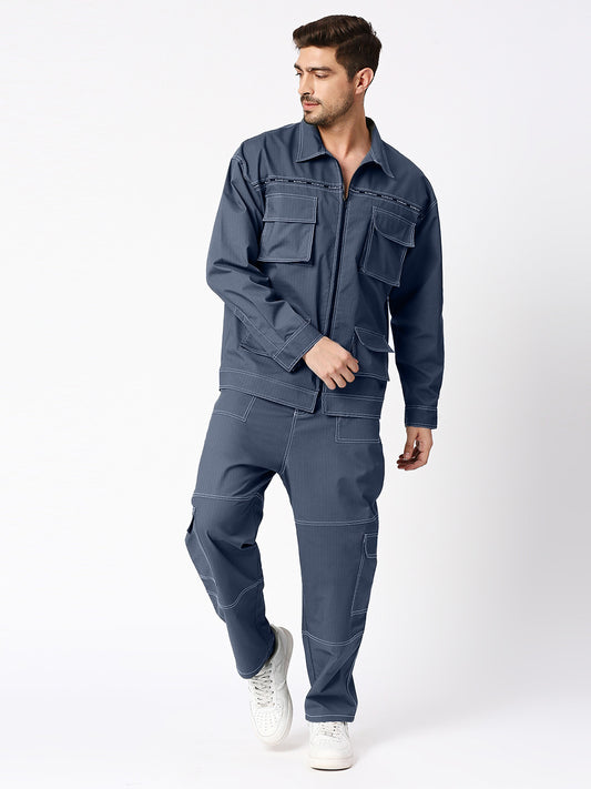 Cargo Style Jacket With Pant Navy Blue Color Co-Ord Set