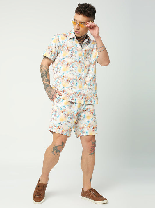 Abstract Plisse Print Regular Fit Spread Collar Shirt with Shorts Co-ord Set for men