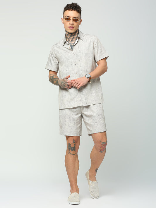 BLAMBLACK Men's Abstract Plisse Print Regular Fit Spread Collar Shirt with Shorts Co-ord Set
