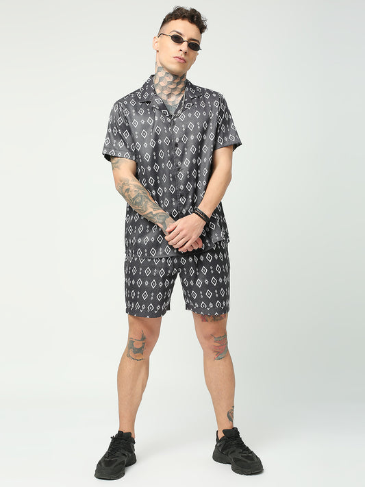 BLAMBLACK Men's  La-Florentina Print Regular Fit Cuban Collar Shirt and Shorts Co-ord Set