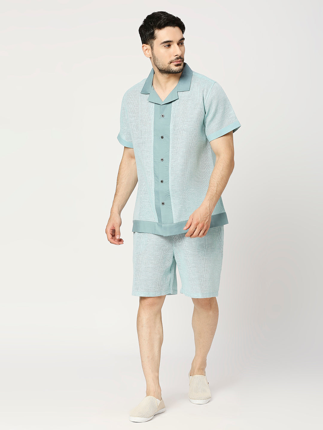 Buy BLAMBLACK Men's Resort collar, contrasting button placket, textured Shirt with Shorts Lounge Set