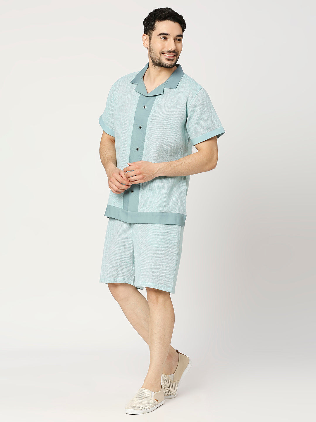 Buy BLAMBLACK Men's Resort collar, contrasting button placket, textured Shirt with Shorts Lounge Set