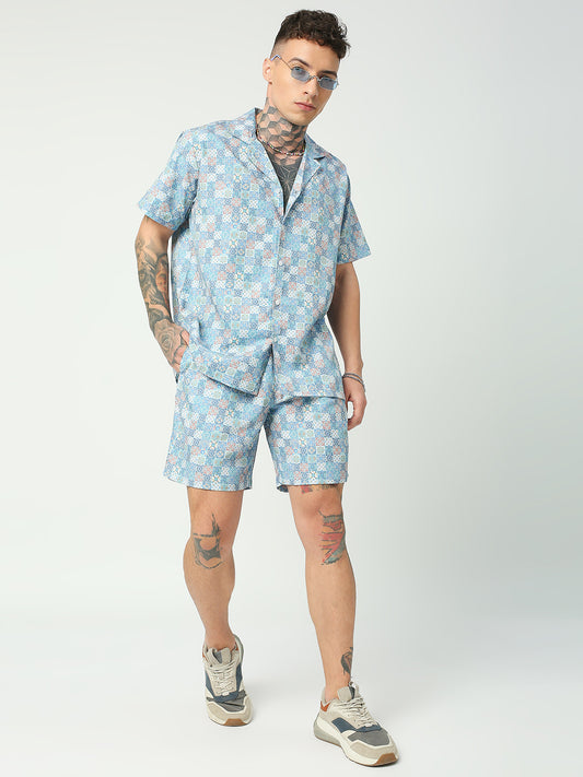 BLAMBLACK Men's Oversized fit Azulejo Print Cuban Collar Shirt with Shorts Co-ord Set