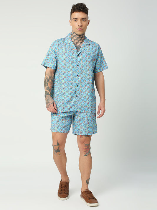 BLAMBLACK Men's Oversized fit Retro Print Cuban Collar Shirt with Shorts Co-ord Set