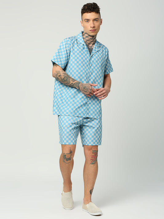 BLAMBLACK Men's Greek Print Regular Fit Cuban Collar Shirt with Shorts Co-ord Set