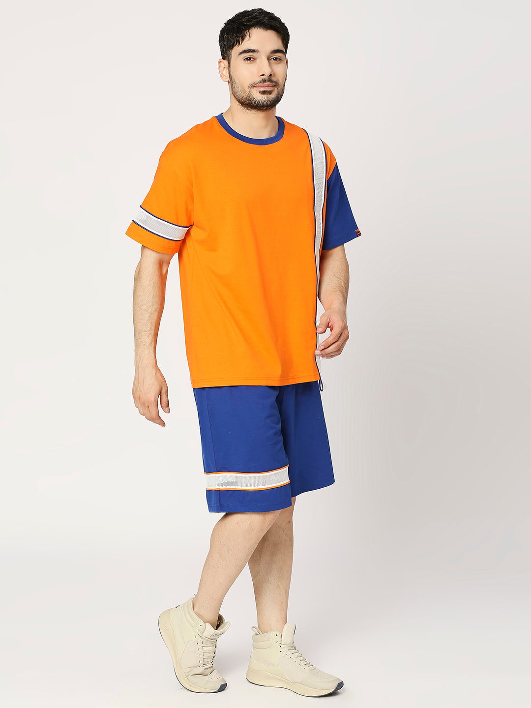 Buy BLAMBLACK Men's colour-blocked Air mesh panel detail T-Shirt with Shorts Co-ord set