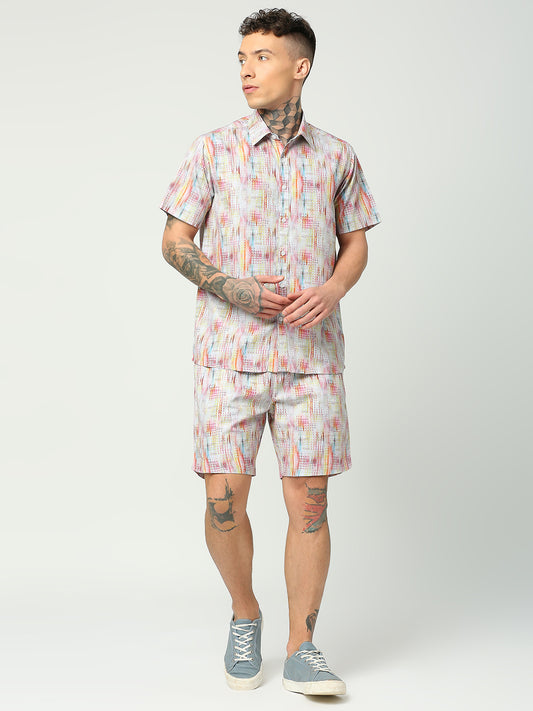 BLAMBLACK Men's Geo-Ikkat Print Regular Fit Spread Collar Shirt and Shorts Co-ord Set