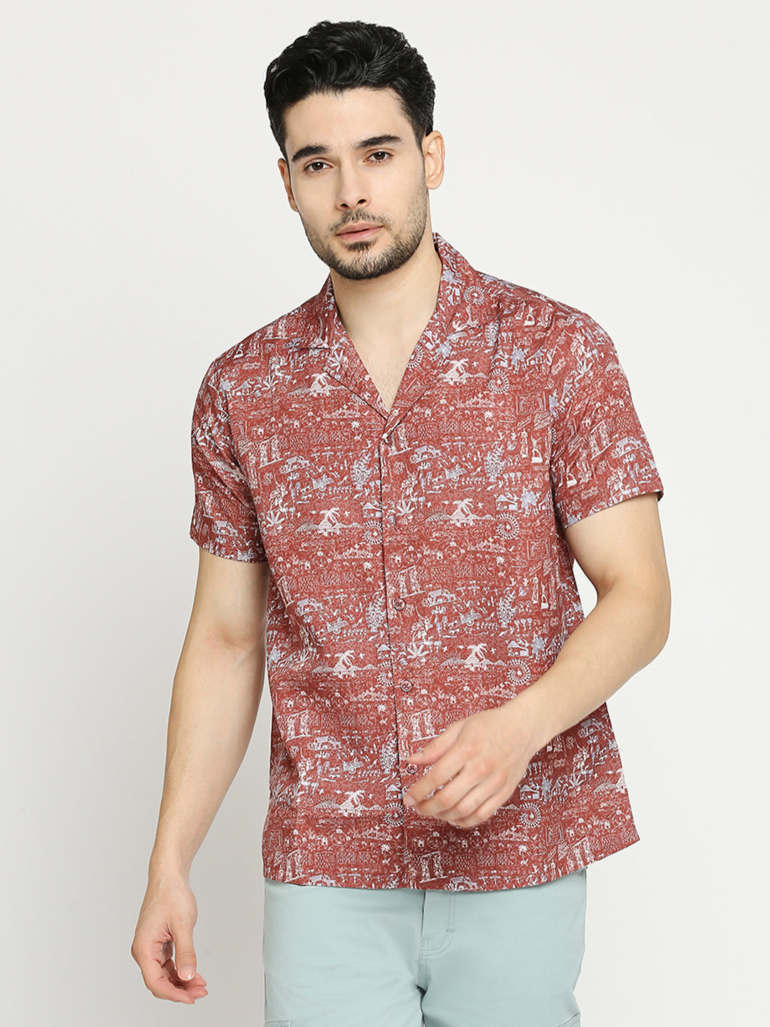 Buy Blamblack Men'S Printed Half Sleeves Regular Fit Cuban Collar Shirt