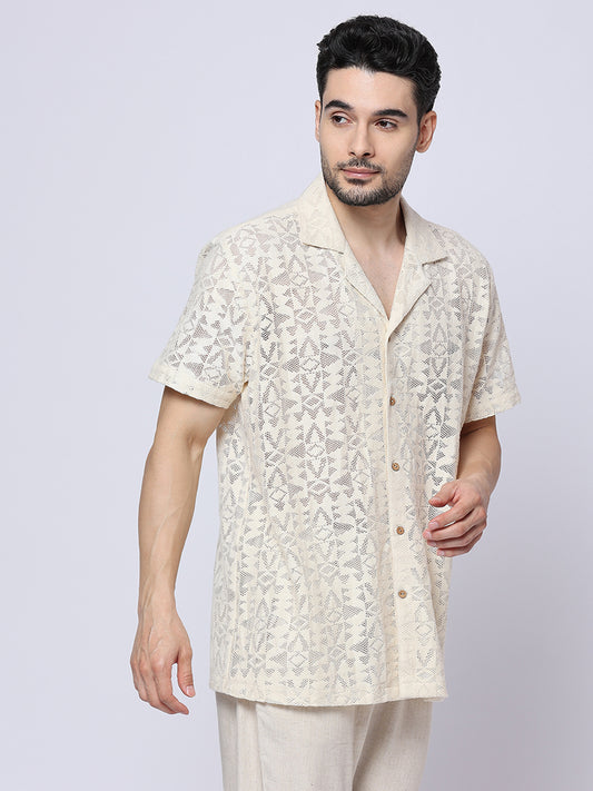 Buy Blamblack Men'S Crochet Lace Textured Regular Fit Half Sleeves Cuban Collar Shirt