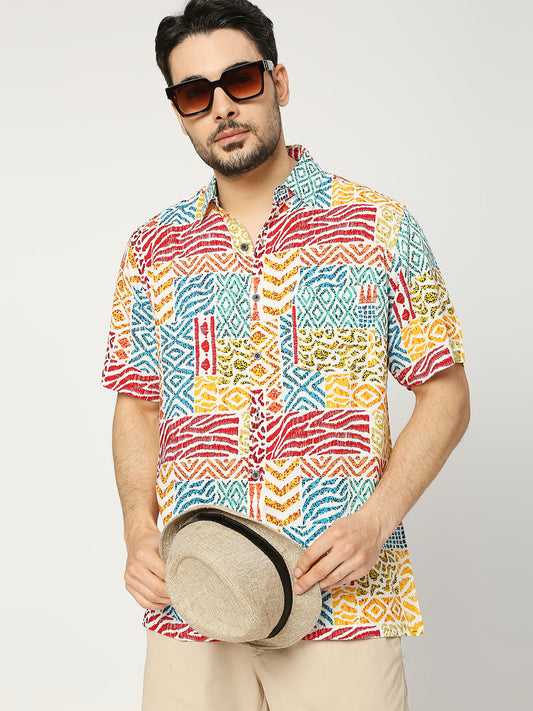 Buy BLAMBLACK Men's print mix Regular Fit Half Sleeves Spread Collar Shirt