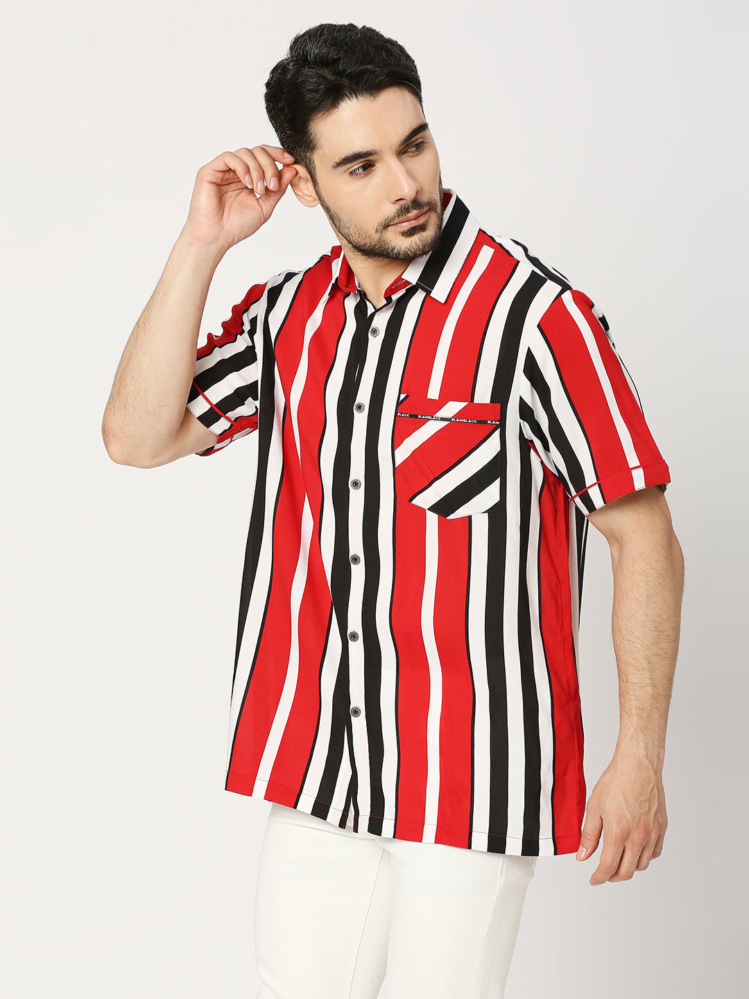 Buy BLAMBLACK Men's multi-colour stripes Regular Fit Half Sleeves spread Collar Shirt