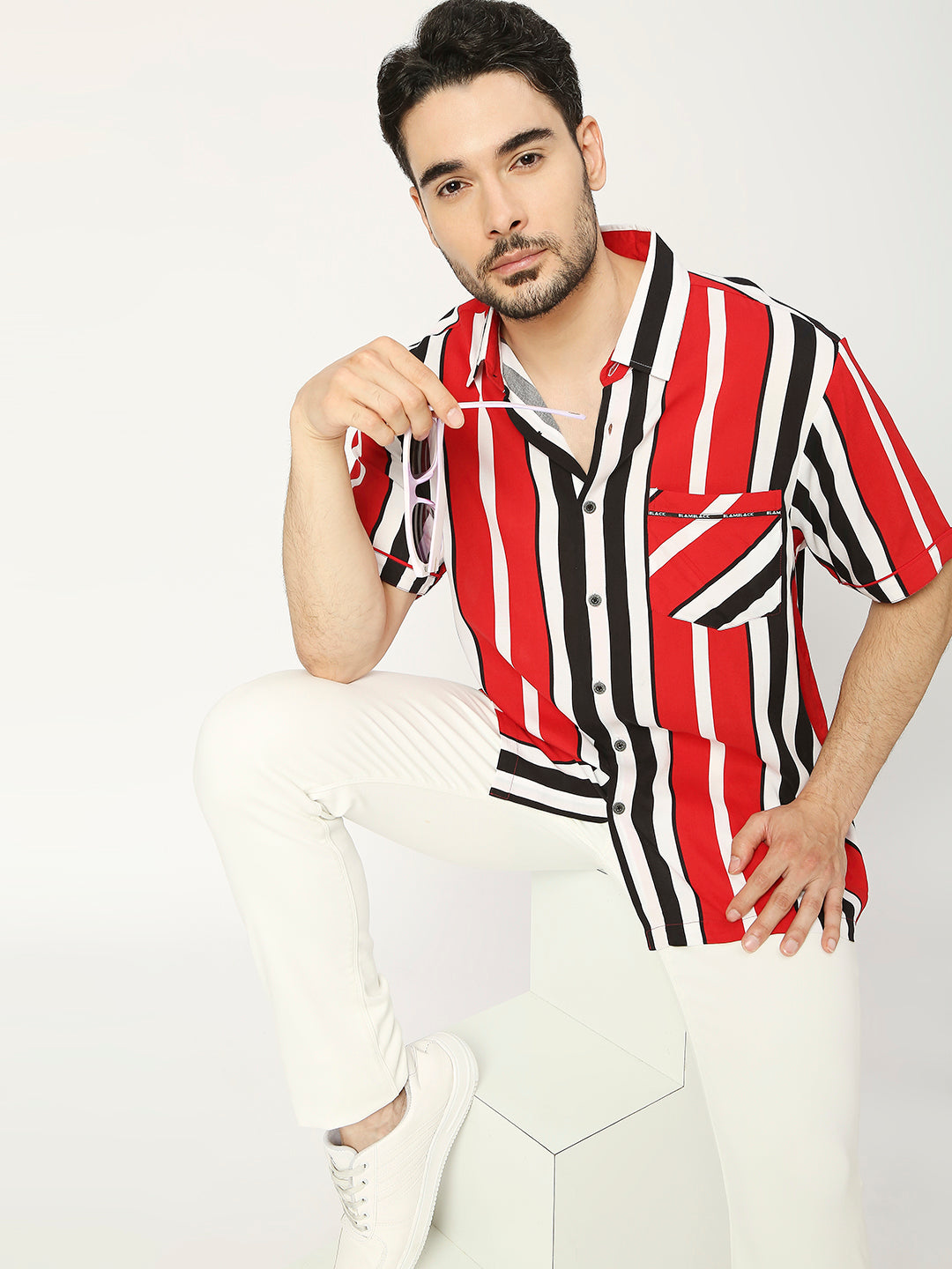 Buy BLAMBLACK Men's multi-colour stripes Regular Fit Half Sleeves spread Collar Shirt
