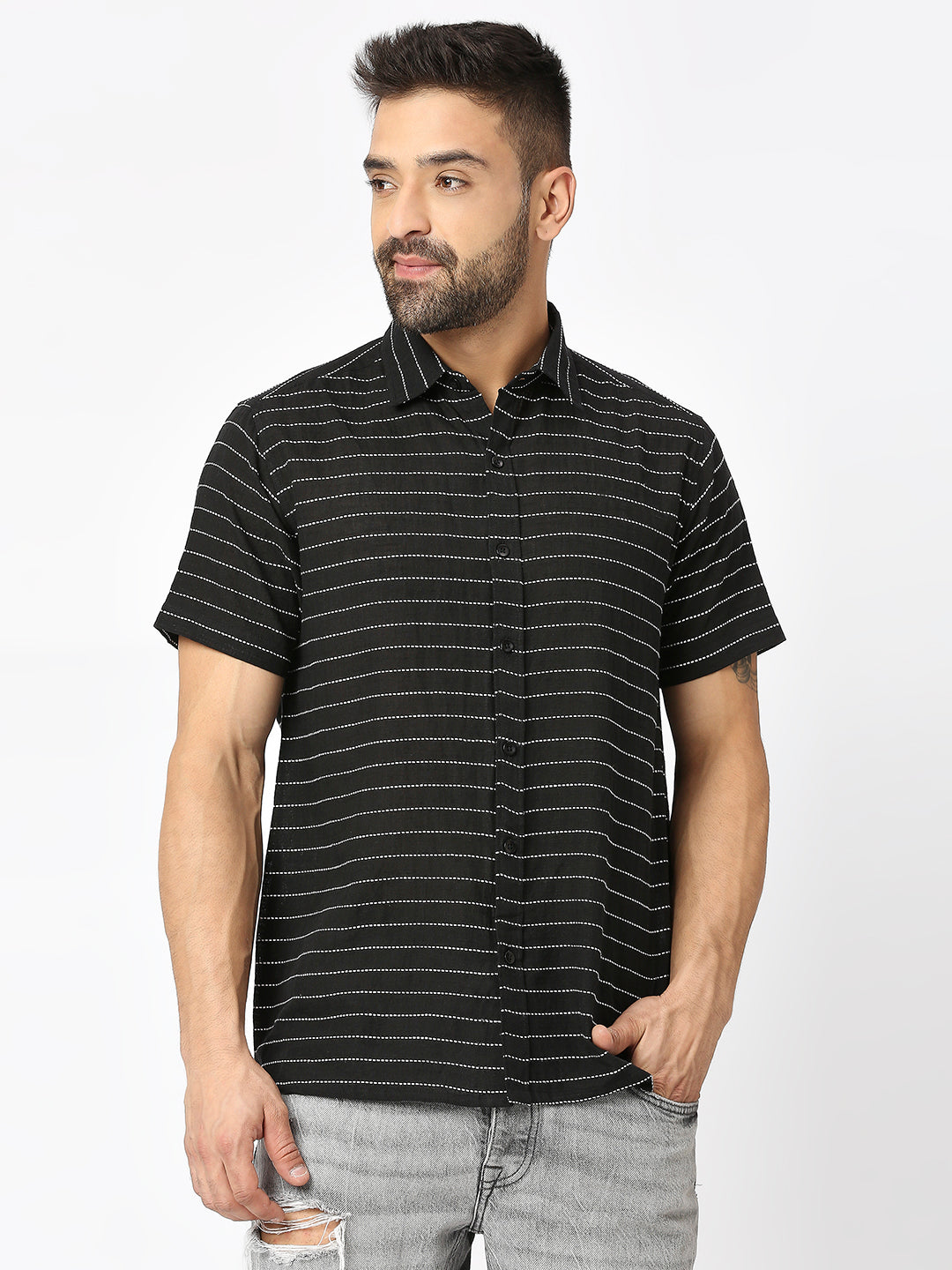 BLAMBLACK Men's Embroidered Half Sleeves Regular fit Spread Collar Shirt