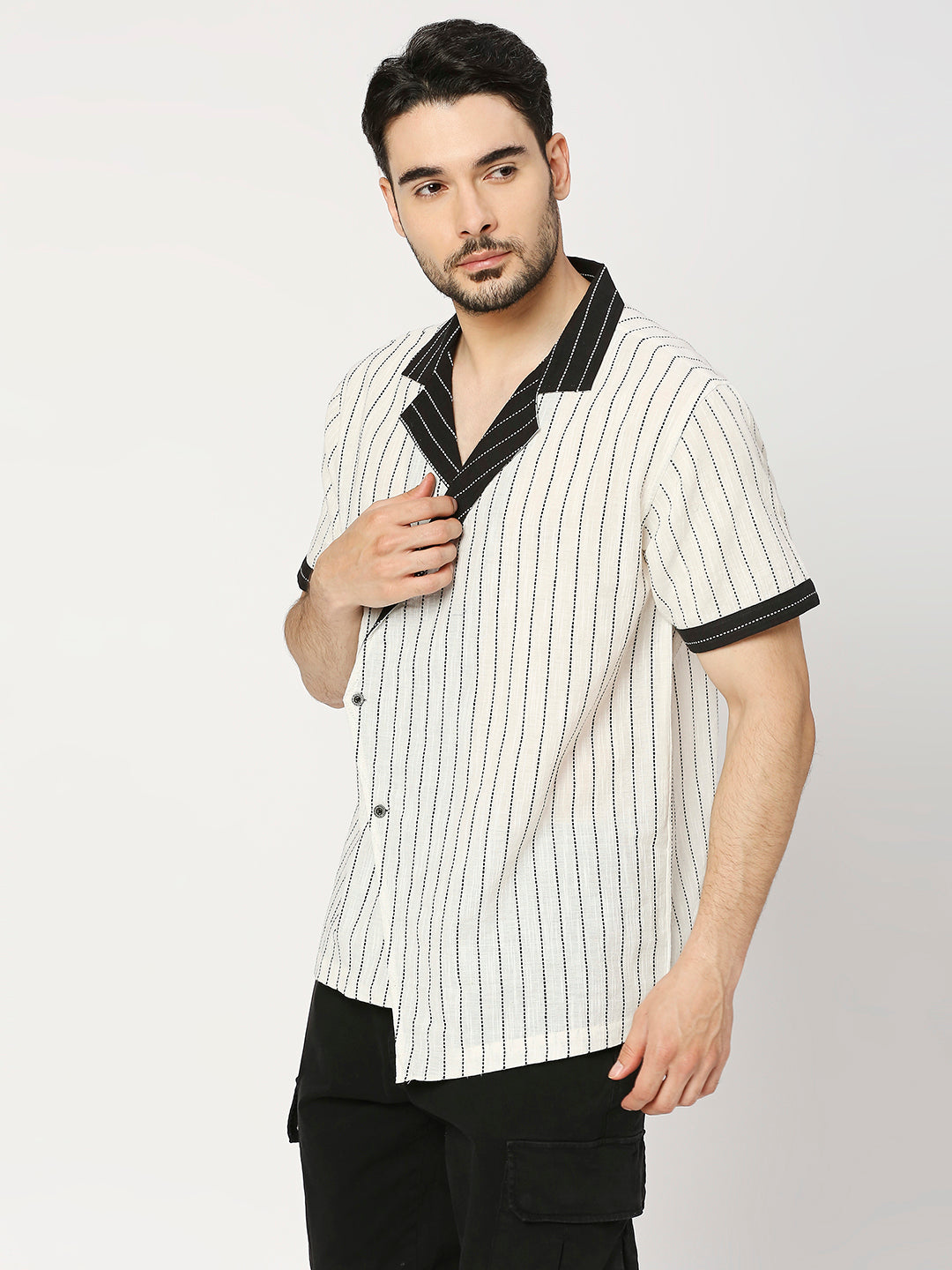 Buy BLAMBLACK Men's colour-blocked asymmetrical style Regular Fit Half Sleeves Resort Collar Shirt