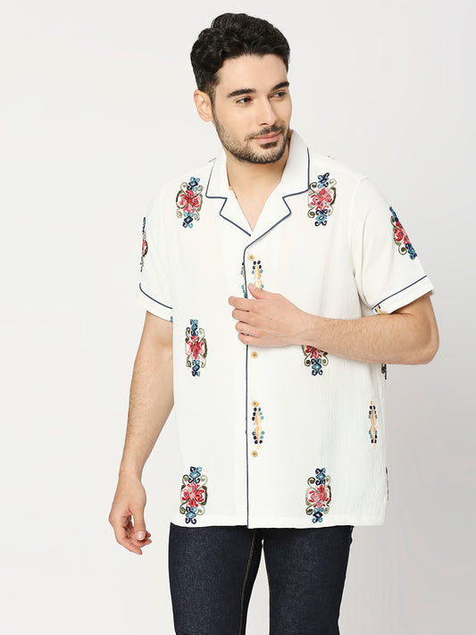 Buy BLAMBLACK Men's Aari Embroidered Crush Fabric Regular Fit Half Sleeves Notch Collar Shirt