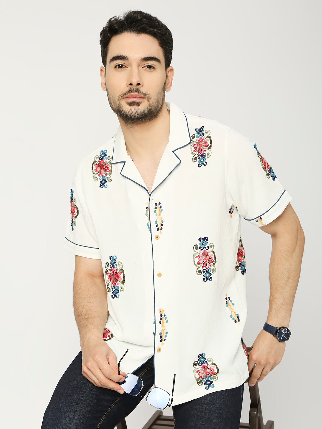 Buy BLAMBLACK Men's Aari Embroidered Crush Fabric Regular Fit Half Sleeves Notch Collar Shirt