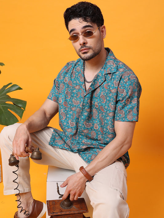 BLAMBLACK Men's Printed Half Sleeves Over-sized fit Cuban Collar Shirt