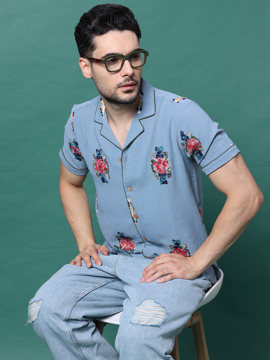 Aari Embroidered Crush Fabric Regular Fit Half Sleeves Cuban Collar Shirt