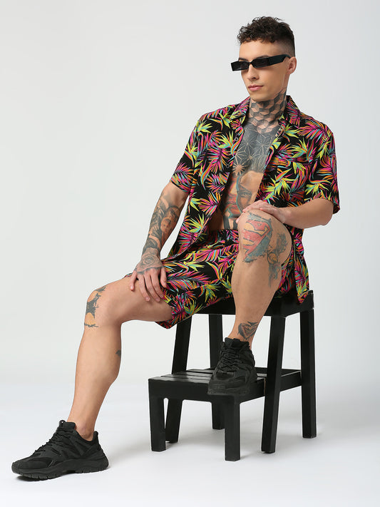Tropical Print Regular Fit Spread Collar Shirt with Shorts Co-ord Set