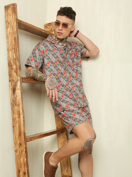 Over-sized fit Moroccan Print Cuban Collar Shirt with Shorts Co-ord Set