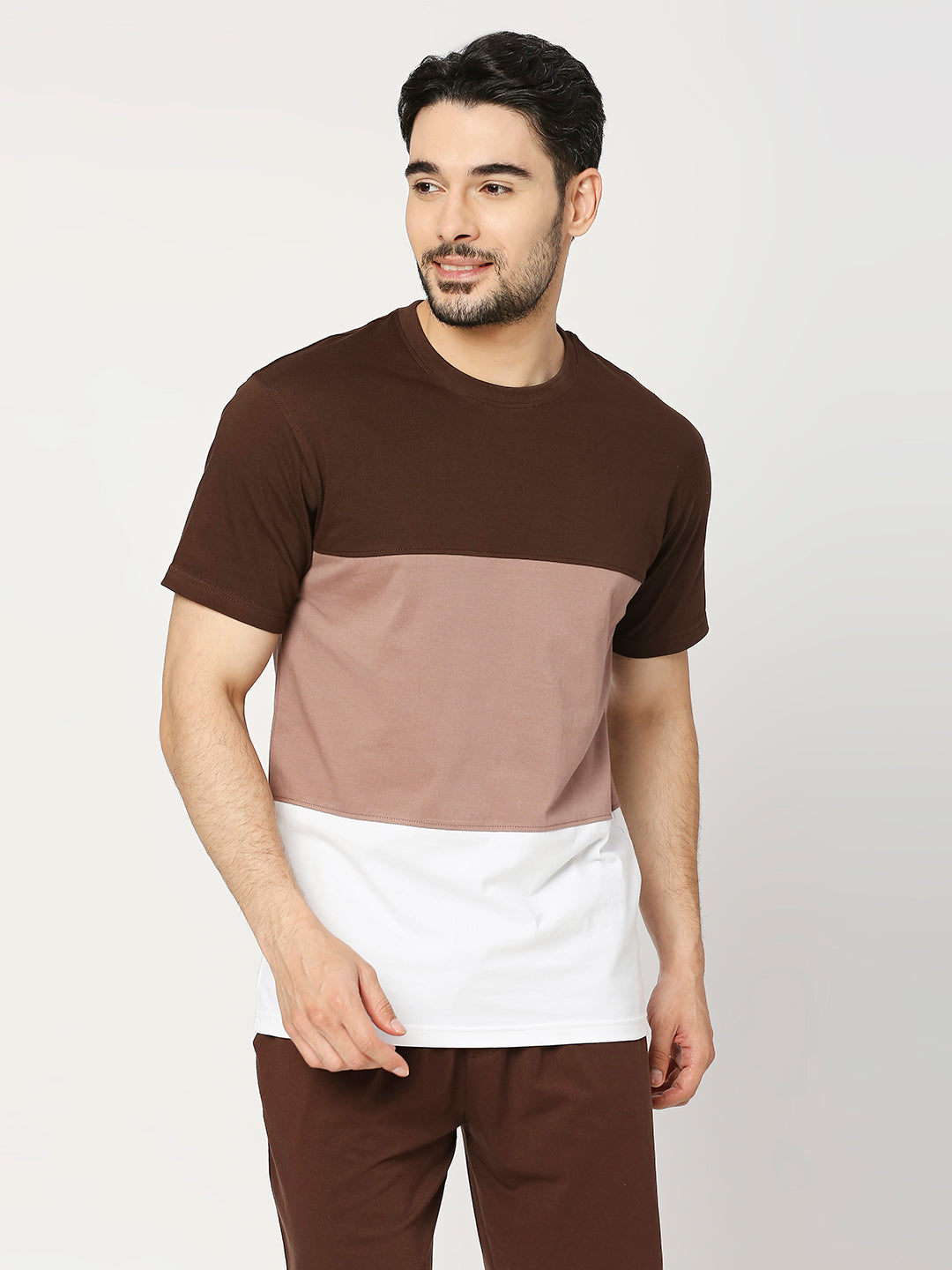 Buy BLAMBLACK Men's Coco Caramel round neck, half sleeves, Colour-blocked T-Shirt with Shorts Co-ord set