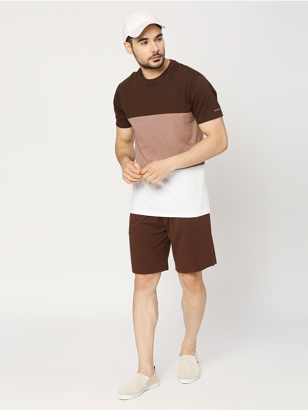 Buy BLAMBLACK Men's Coco Caramel round neck, half sleeves, Colour-blocked T-Shirt with Shorts Co-ord set