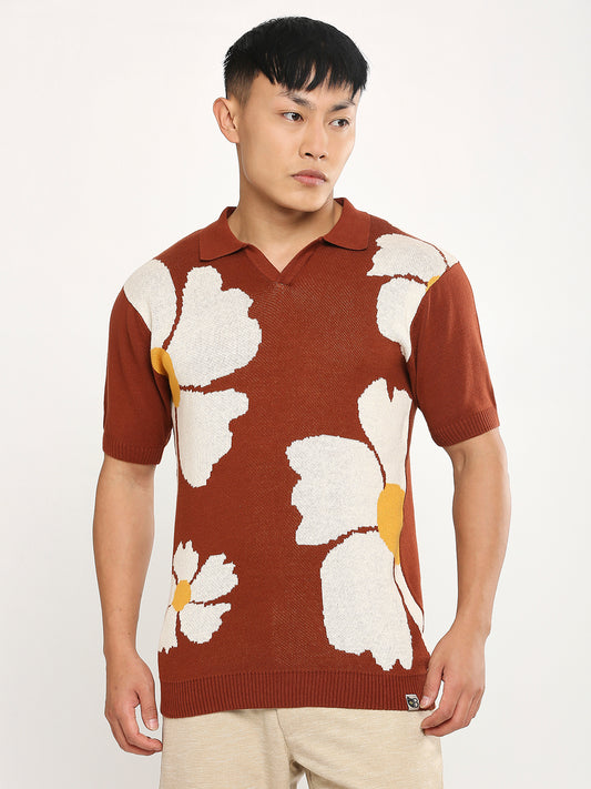 Floral Bloom Jacquard -Regular Fit FlatKnit Half Sleeves T-Shirt