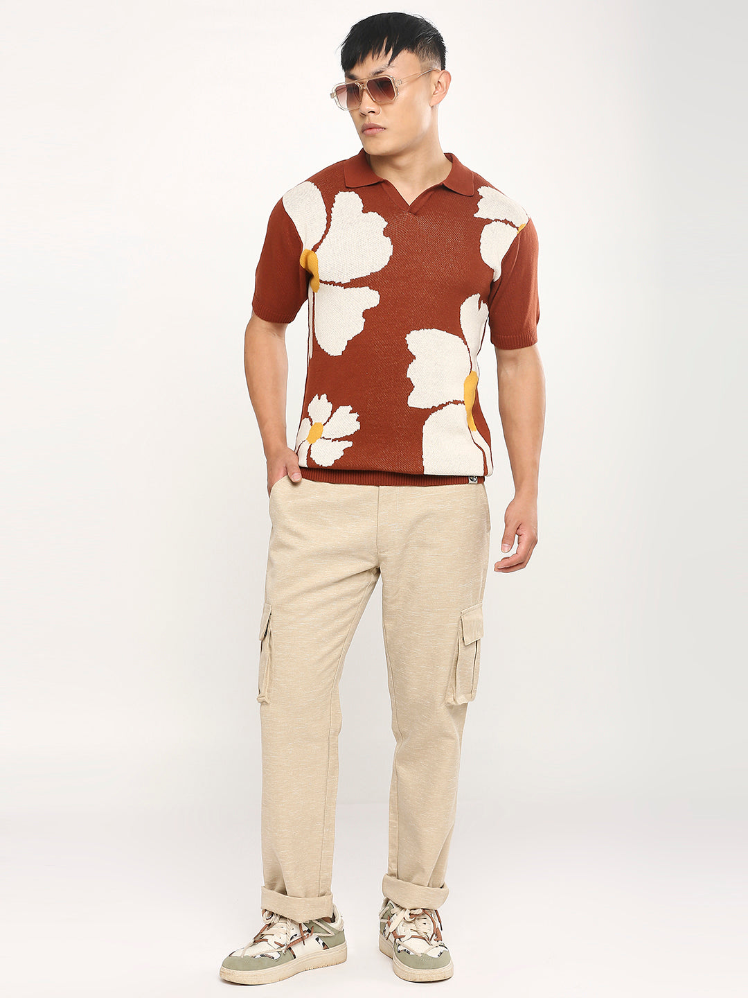 Floral Bloom Jacquard -Regular Fit FlatKnit Half Sleeves T-Shirt