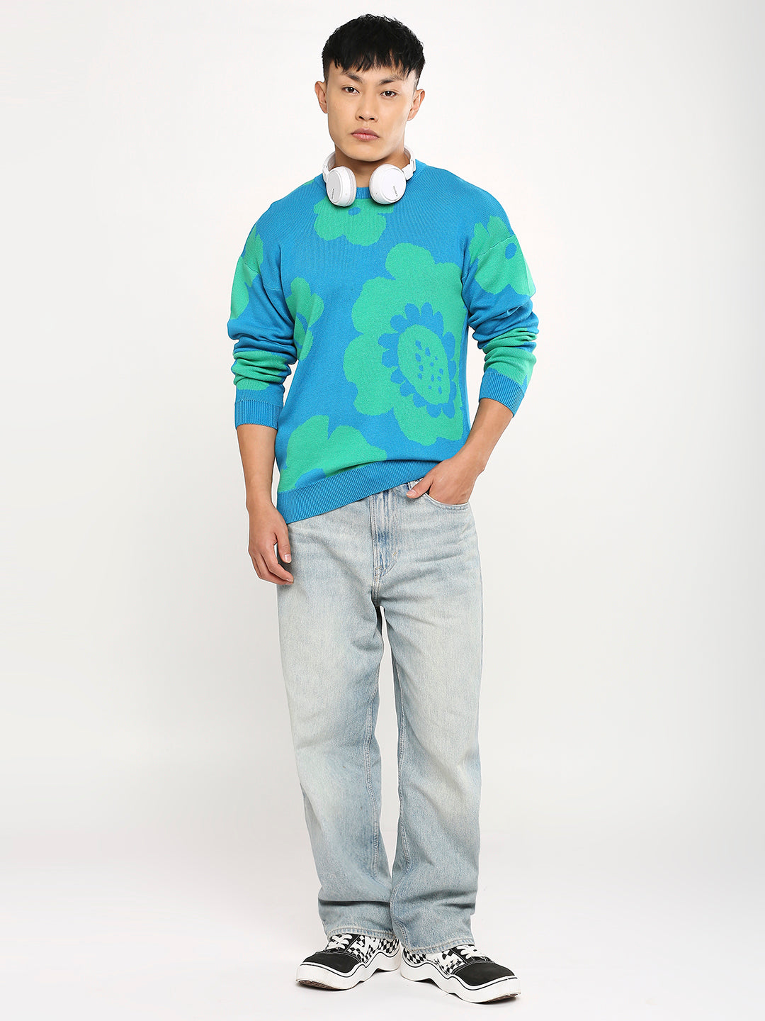 BLAMBLACK Men's Floral Jacquard Regular Fit Flat Knit Round neck Full Sleeves T-Shirt