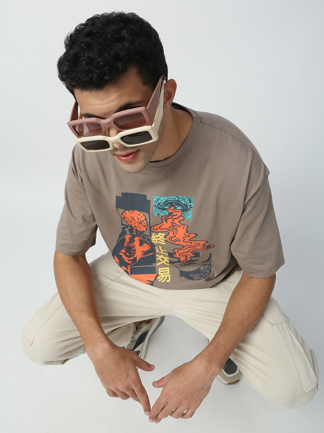 Buy Blamblack Men's Oversize Beige Color Round Neck Printed T-Shirt