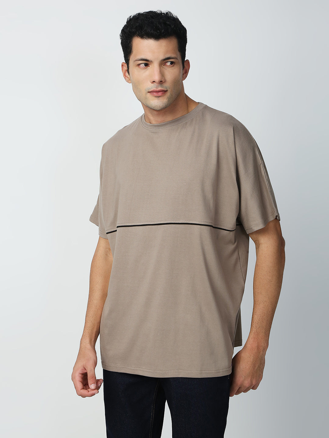 Buy Blamblack Men's Oversize Beige Color Round Neck Plain T-Shirt