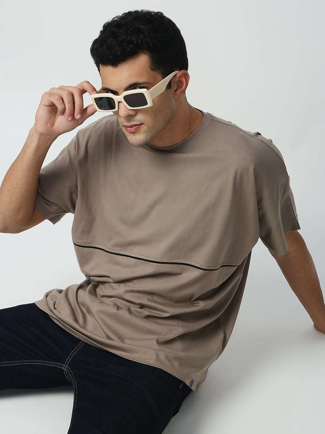 Buy Blamblack Men's Oversize Beige Color Round Neck Plain T-Shirt