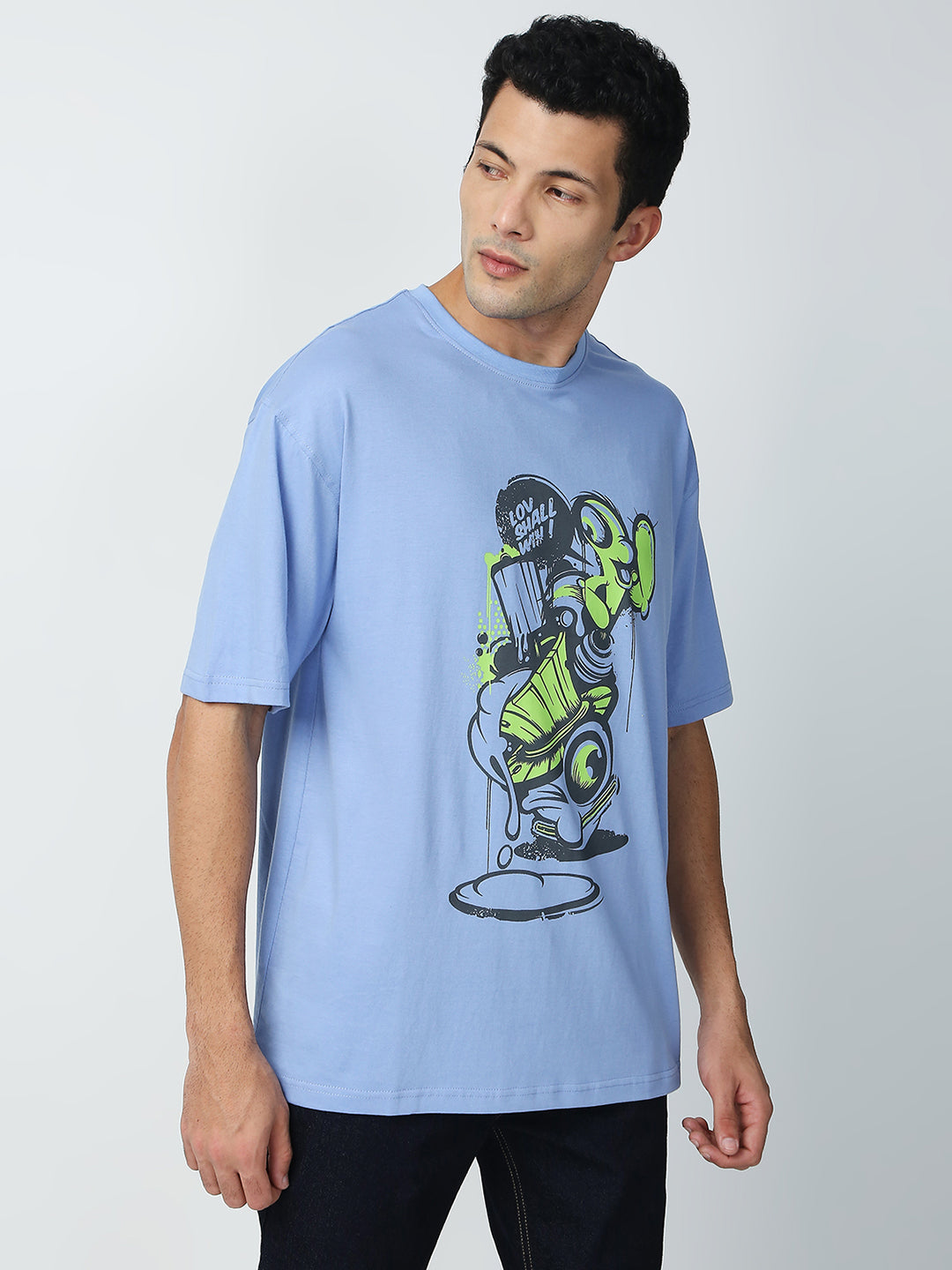 Buy Blamblack Men's Baggy Powder Blue Color Front Printed Round Neck T-Shirt