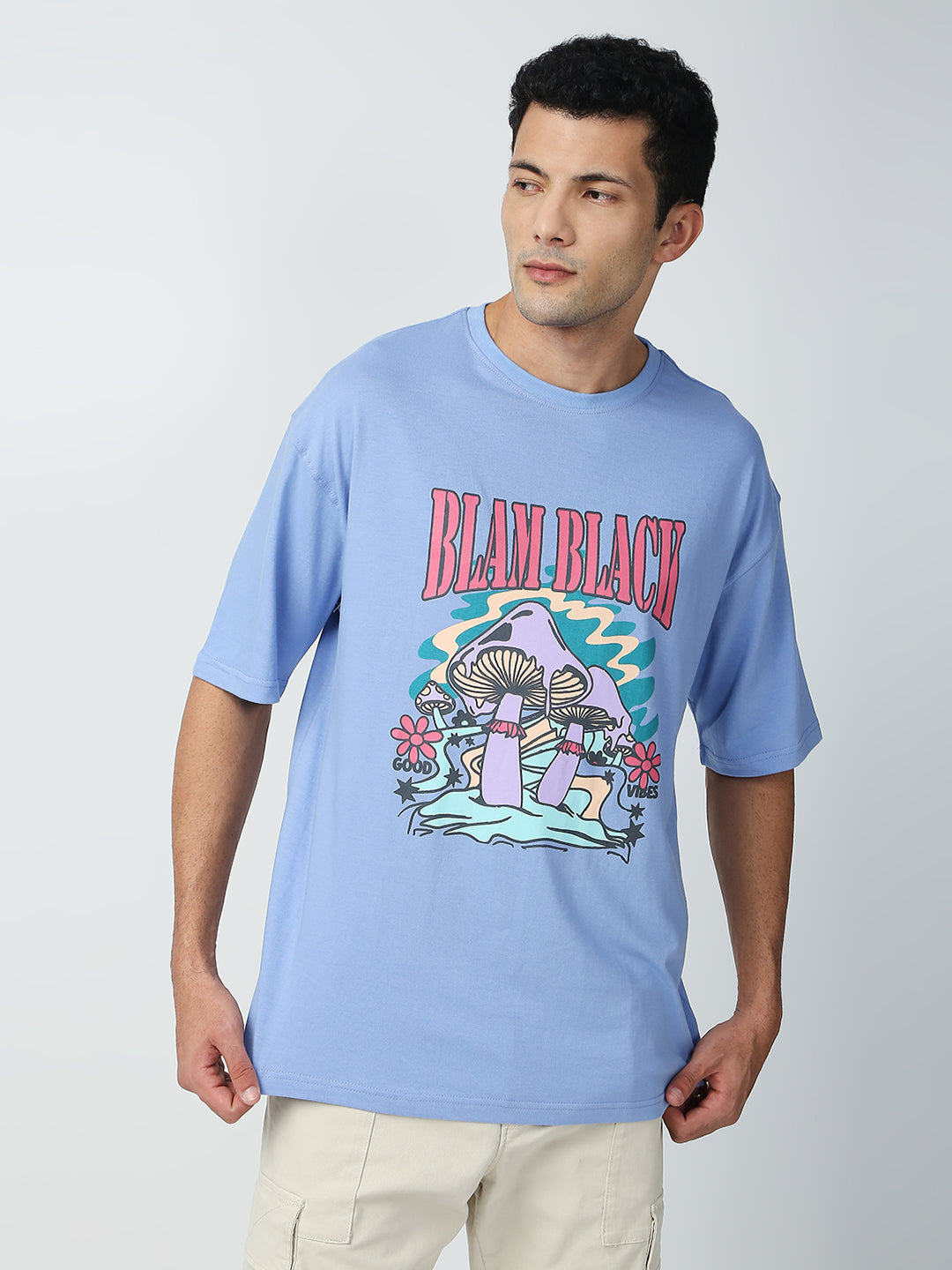 Buy Blamblack Men's Stylish Baggy Powder Blue Color Front Printed Round Neck T-Shirt