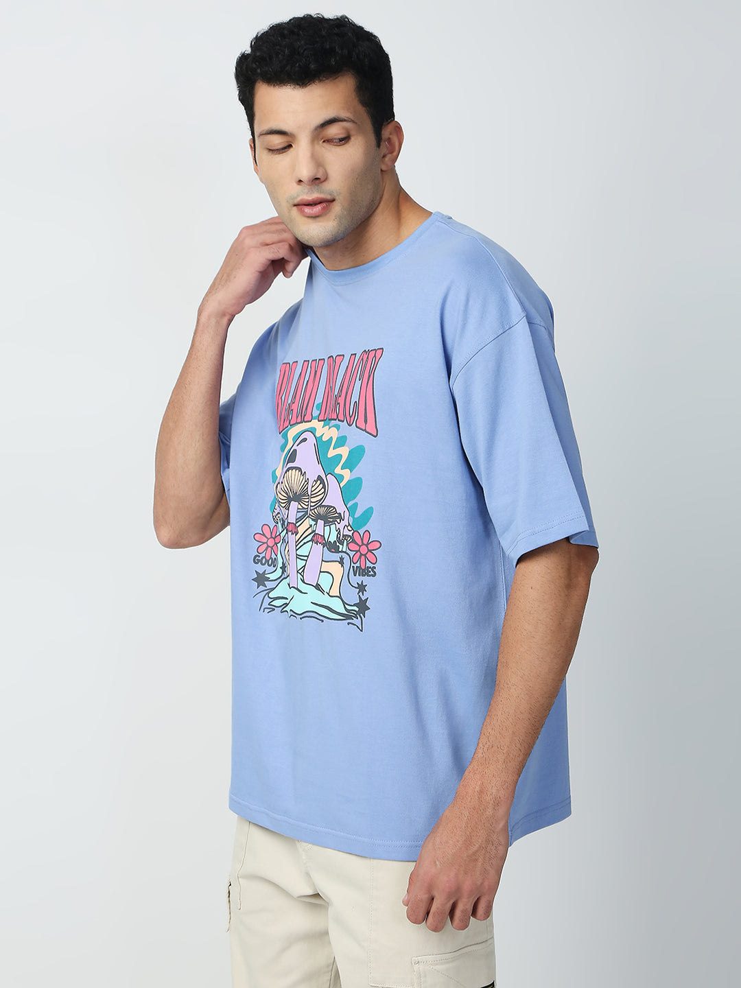 Buy Blamblack Men's Stylish Baggy Powder Blue Color Front Printed Round Neck T-Shirt